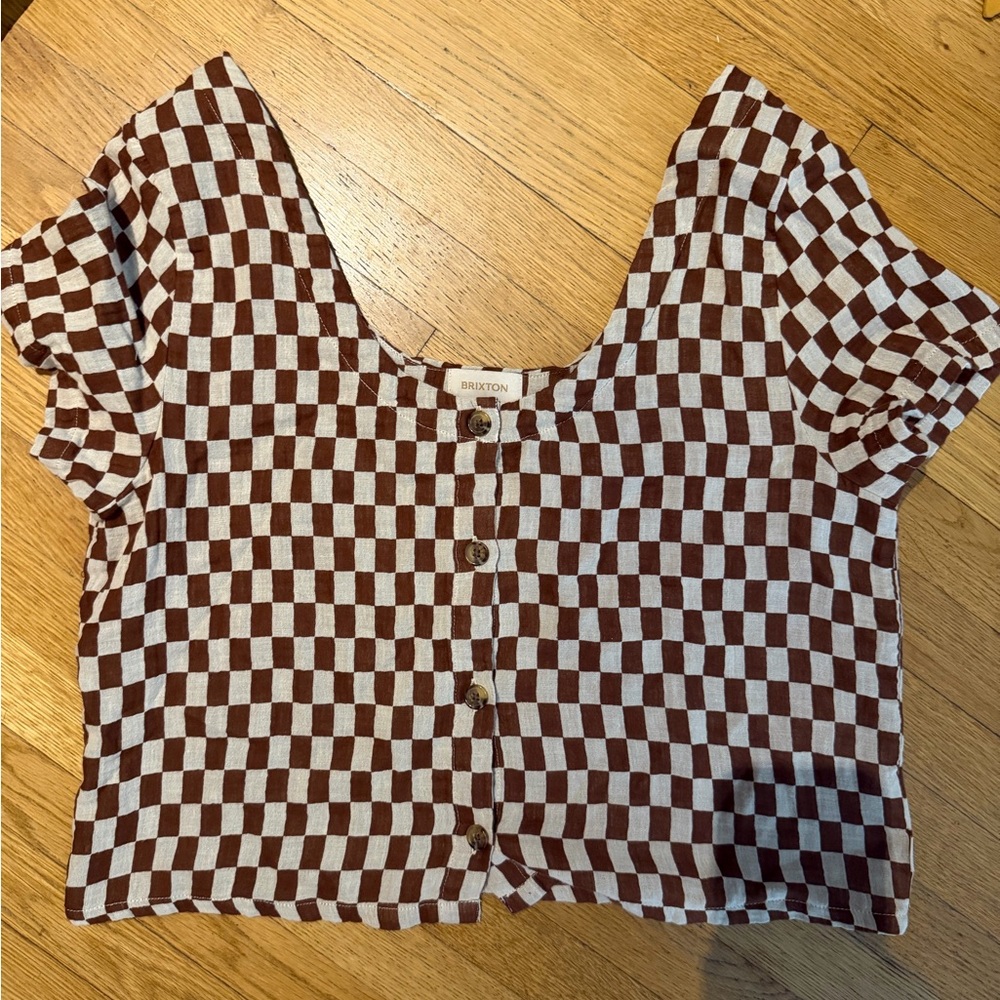 Brixton Brown and White Checkered Button Crop Top